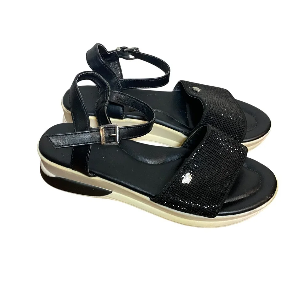 Juicy Couture Black Platform Sandals Ankle Strap Rhinestone Embellished‎ Size 11
